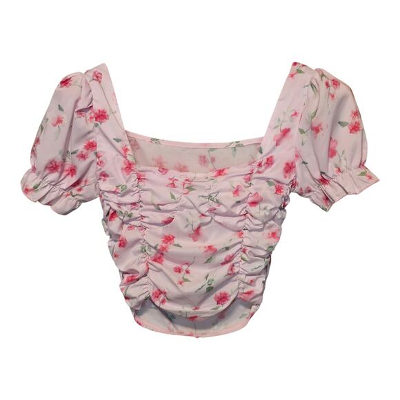Coquette Womens Top Small Pink Floral Puff Sleeves Ruched Cottagecore Feminine - Picture 1 of 9